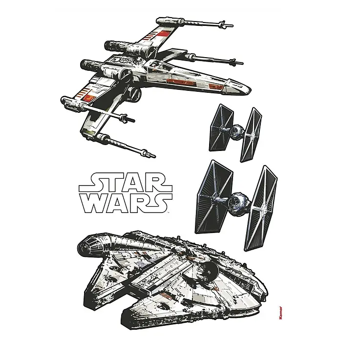 Komar Star Wars Wandtattoo Spaceship - 70 x 100 cm - Star Wars-Szene mit X-Wing, TIE-Fightern und Millennium Falcon vor schwarzem Hintergrund.