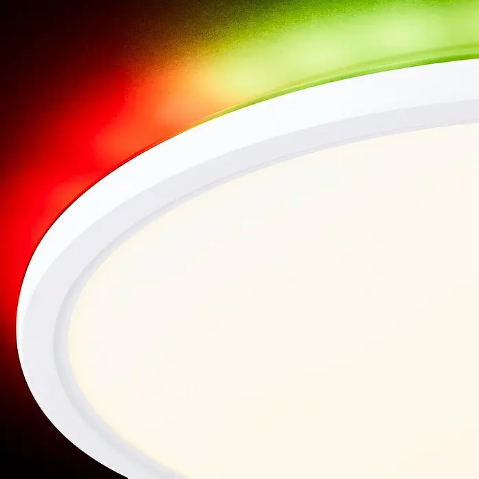 Brilliant LED-Deckenleuchte rund Tanida - 20 W, Ø x H: 29,5 x 2,5 cm, Weiß, Kaltweiß - Nahaufnahme einer LED-Deckenleuchte mit Farbwechsel, ideal für moderne Wohnräume und stimmungsvolle Beleuchtung.