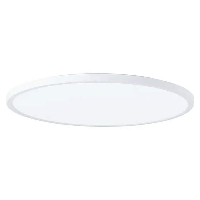 Brilliant LED-Deckenleuchte rund Tanida rund - 22 W, Ø x H: 42 x 2,6 cm, Weiß, Kaltweiß - Nahaufnahme einer runden, flachen LED-Deckenleuchte mit schlichtem, modernem Design vor schwarzem Hintergrund.