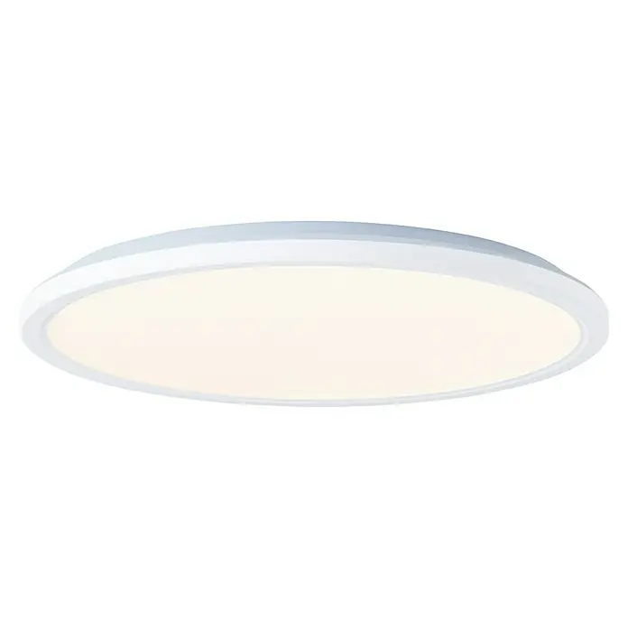 Brilliant LED-Deckenleuchte rund Tanida - 20 W, Ø x H: 29,5 x 2,5 cm, Weiß, Kaltweiß - Nahaufnahme einer runden, weißen Deckenleuchte, die ein sanftes, diffuses Licht ausstrahlt, ideal für moderne Innenräume.