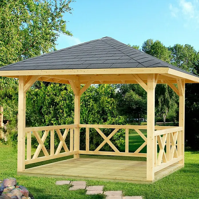 Palmako Pavillon Berta - L x B: 386 x 386 cm, Fichte, Natur - Ein ansprechendes Holzpavillon mit dunklem Dach bietet Schutz und einen stilvollen Rahmen für entspannte Stunden im Garten.
