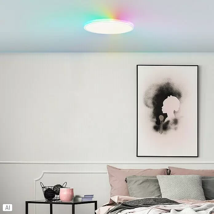 Brilliant LED-Deckenleuchte rund Tanida rund - 22 W, Ø x H: 42 x 2,6 cm, Weiß, Kaltweiß - Runde LED-Deckenleuchte spendet weißes Licht nach unten und Regenbogenfarben an die Decke im Schlafzimmer.