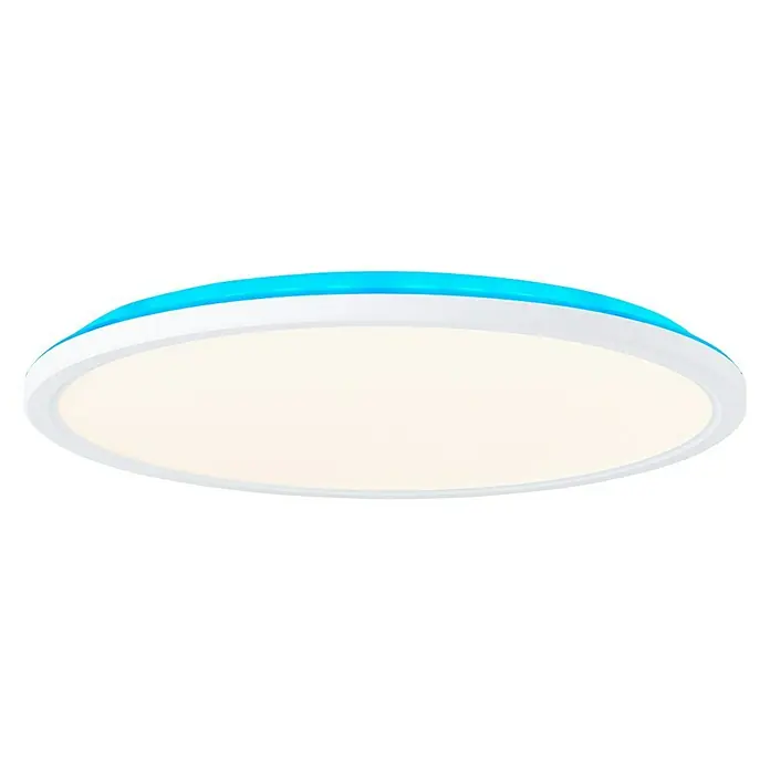 Brilliant LED-Deckenleuchte rund Tanida - 20 W, Ø x H: 29,5 x 2,5 cm, Weiß, Kaltweiß - Nahaufnahme einer modernen LED-Deckenleuchte mit blauem Akzentring und warmweißem Licht. Die Lampe ist schlicht und elegant.