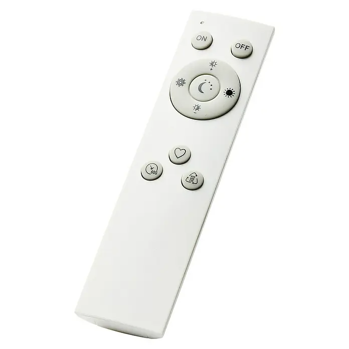 Brilliant LED-Deckenleuchte Tanida - 24 W, L x B x H: 42 x 42 x 2,6 cm, Weiß, Mehrfarbig - Das Bild zeigt eine weiße Fernbedienung mit verschiedenen Tasten für Beleuchtungseinstellungen und Timerfunktionen.