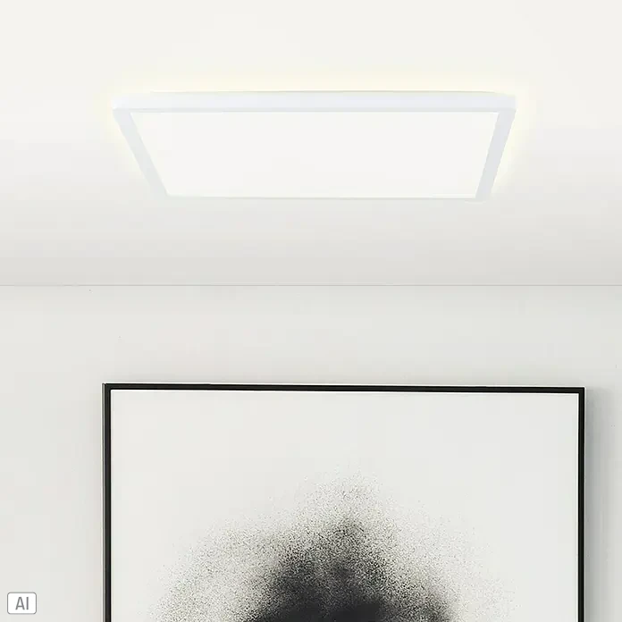 Brilliant LED-Deckenleuchte Tanida - 24 W, L x B x H: 42 x 42 x 2,6 cm, Weiß, Mehrfarbig - Moderne quadratische Deckenleuchte in Weiß. Das Design ist schlicht und passt gut zu dem minimalistischen Kunstwerk darunter.