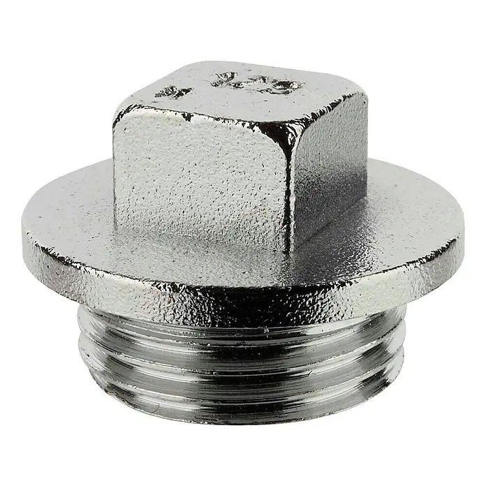 Verschlussstopfen - ½″, Verchromt, Messing - Nahaufnahme eines glänzenden, quadratischen Gewindestopfen aus Metall.