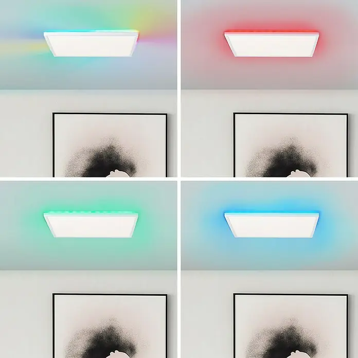 Brilliant LED-Deckenleuchte Tanida eckig - 22 W, L x B x H: 42 x 42 x 2,6 cm, Weiß, Kaltweiß - Vielfältige LED-Deckenleuchte in verschiedenen Farben, unter einem modernen Kunstwerk angebracht.