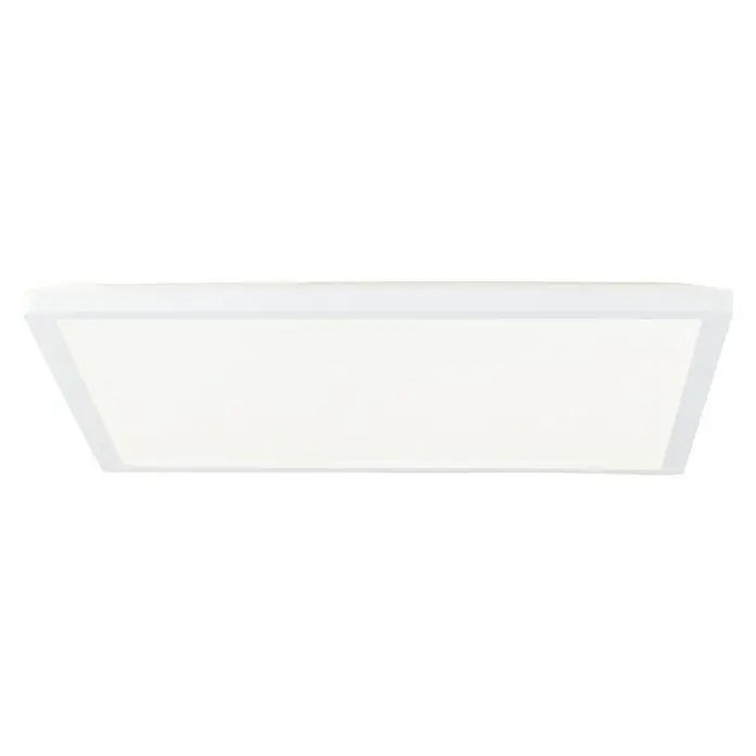 Brilliant LED-Deckenleuchte Tanida - 24 W, L x B x H: 42 x 42 x 2,6 cm, Weiß, Mehrfarbig - Eine Nahaufnahme einer rechteckigen, weißen Deckenleuchte vor einem schwarzen Hintergrund. Das Licht ist einfach und modern gestaltet.