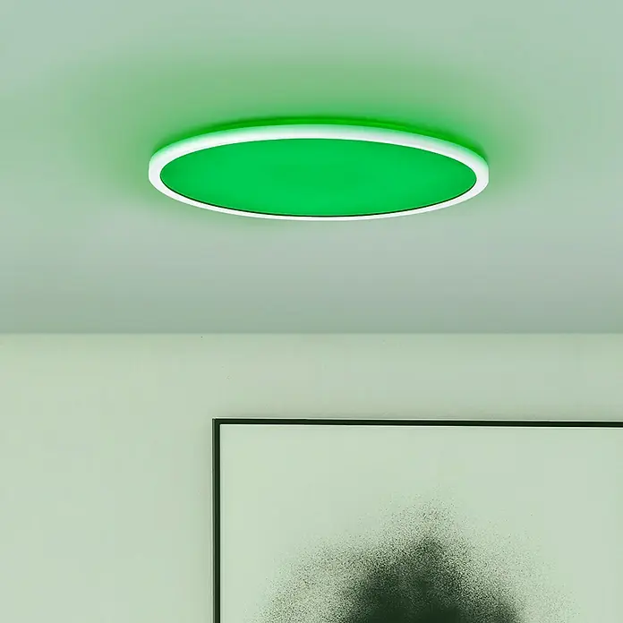 Brilliant LED-Deckenleuchte Tanida - 23 W, L x B x H: 42 x 42 x 2,6 cm, Weiß, RGBW, Rund - Eine moderne grüne Deckenleuchte mit weißem Rand erhellt einen Raum und sorgt für eine auffällige Beleuchtung.