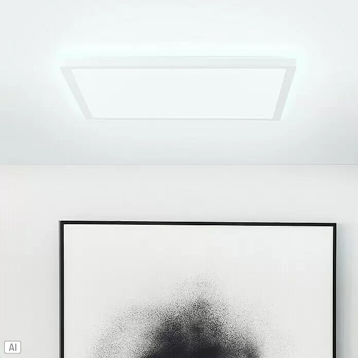 Brilliant LED-Deckenleuchte Tanida - 24 W, L x B x H: 42 x 42 x 2,6 cm, Weiß, Mehrfarbig - Weiße rechteckige LED-Deckenleuchte spendet kühles, diffuses Licht in einem modernen Raum über einem gerahmten Kunstwerk.