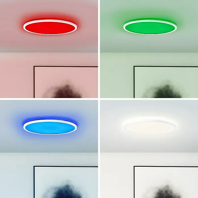 Brilliant LED-Deckenleuchte Tanida - 23 W, L x B x H: 42 x 42 x 2,6 cm, Weiß, RGBW, Rund - Intelligente LED-Deckenleuchte mit verschiedenen Farben, montiert an einer Zimmerdecke über einem gerahmten Bild.