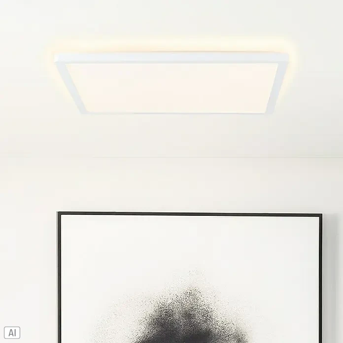 Brilliant LED-Deckenleuchte Tanida - 24 W, L x B x H: 42 x 42 x 2,6 cm, Weiß, Mehrfarbig - Moderne, quadratische Deckenleuchte mit weißem Rahmen, die ein warmes, diffuses Licht spendet und eine minimalistische Ästhetik vermittelt.