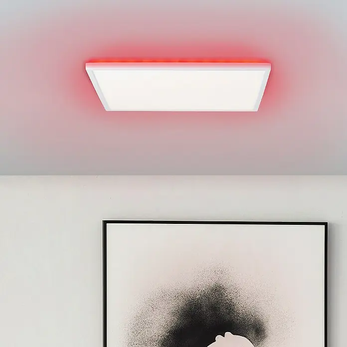 Brilliant LED-Deckenleuchte Tanida eckig - 22 W, L x B x H: 42 x 42 x 2,6 cm, Weiß, Kaltweiß - Eine quadratische LED-Deckenleuchte mit roter Hintergrundbeleuchtung wirft ein angenehmes Licht in den Raum. Modernes Design für stilvolle Beleuchtung.