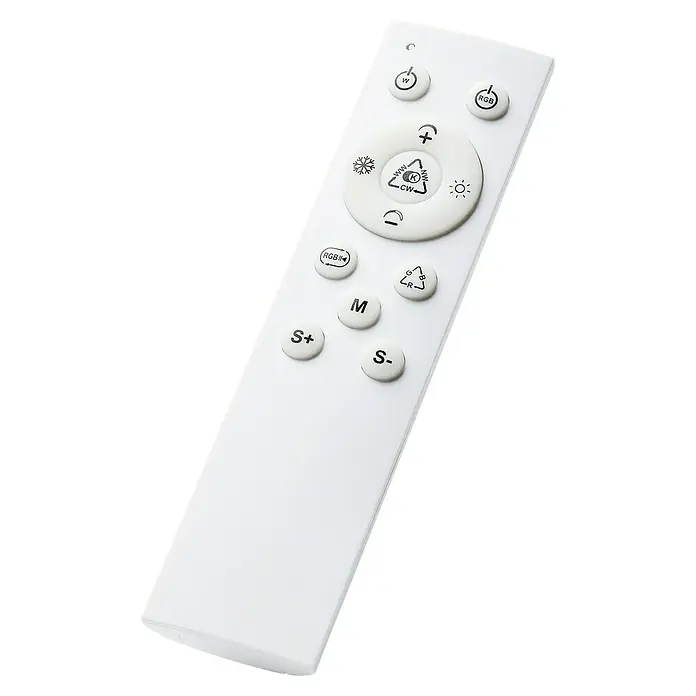 Brilliant LED-Deckenleuchte Tanida eckig - 22 W, L x B x H: 42 x 42 x 2,6 cm, Weiß, Kaltweiß - Nahaufnahme einer weißen Fernbedienung mit mehreren runden Tasten zur Steuerung verschiedener Funktionen.