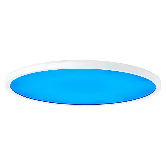 Brilliant LED-Deckenleuchte Tanida - 23 W, L x B x H: 42 x 42 x 2,6 cm, Weiß, RGBW, Rund - Eine runde LED-Deckenleuchte mit einem hellblauen Leuchtfeld und einem weißen Rahmen.