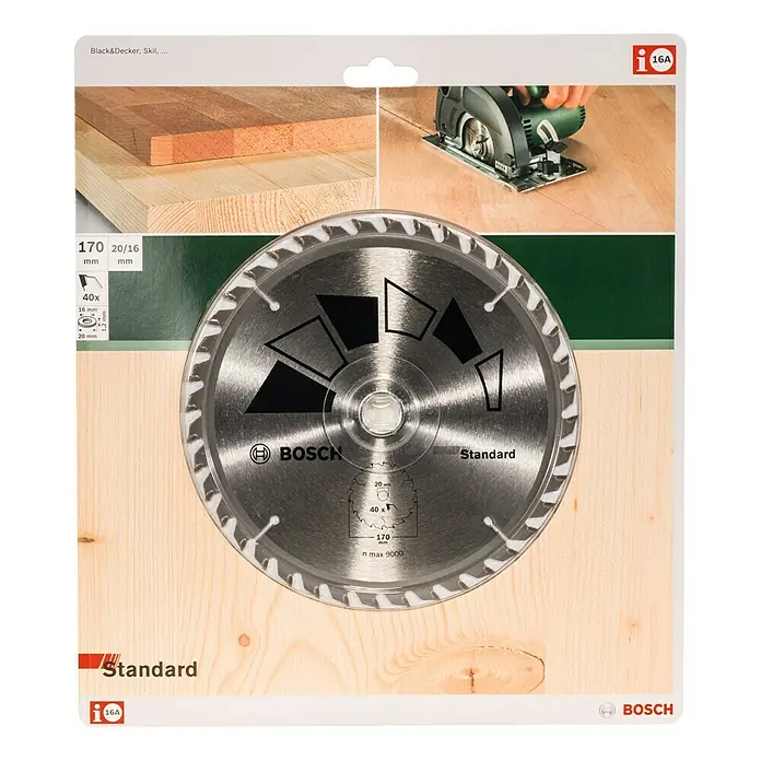 Bosch Kreissägeblatt Standard - 170 mm, Bohrung: 16 mm - 20 mm, Anzahl Zähne: 40 Stk. - Kreissägeblatt von Bosch, Standardausführung, Durchmesser 170 mm, geeignet für Holzbearbeitung mit Black&Decker, Skil und anderen Sägen.