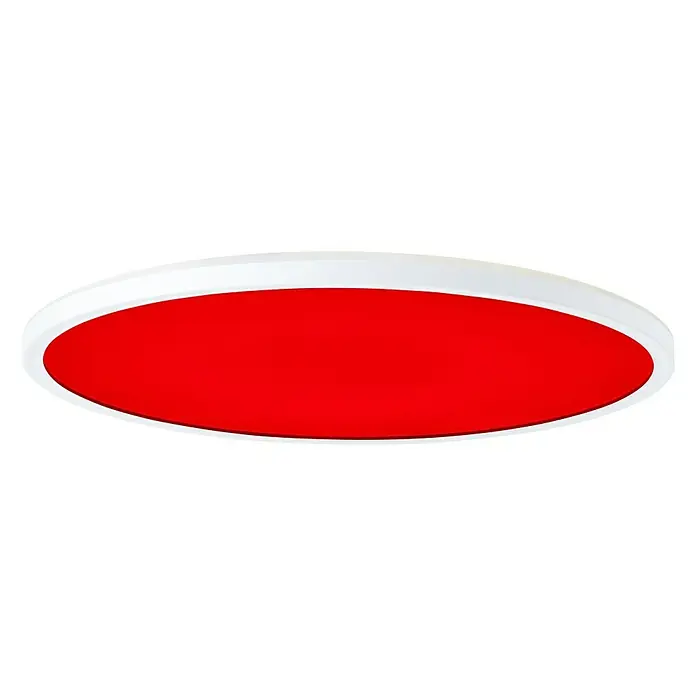 Brilliant LED-Deckenleuchte Tanida - 23 W, L x B x H: 42 x 42 x 2,6 cm, Weiß, RGBW, Rund - Eine rote, kreisförmige LED-Deckenleuchte mit einem weißen Rahmen. Perfekt für moderne Innenräume und energieeffiziente Beleuchtung.