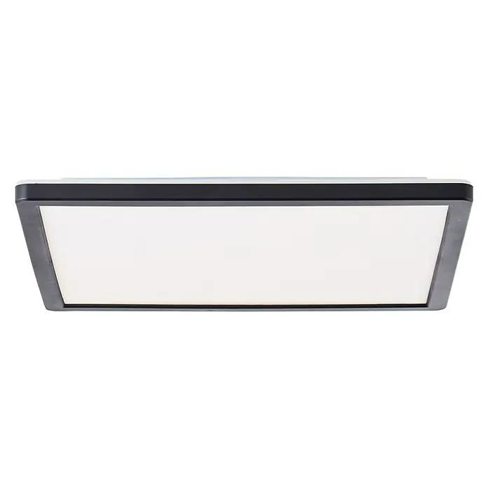 Brilliant LED-Deckenleuchte Tanida - 20 W, L x B x H: 29,5 x 29,5 x 2,6 cm, Schwarz, Kaltweiß - Nahaufnahme einer modernen LED-Deckenleuchte mit rechteckigem Design und schwarzem Rahmen vor schwarzem Hintergrund.