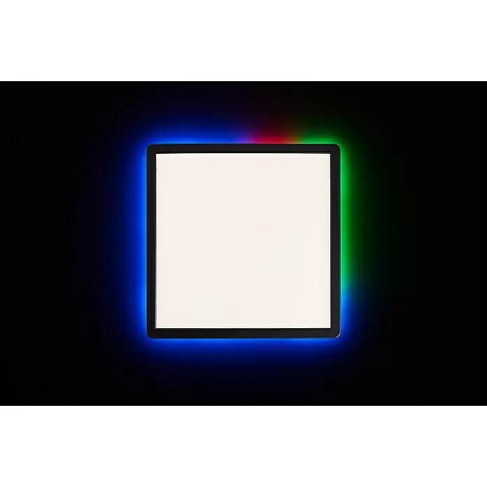 Brilliant LED-Deckenleuchte Tanida - 20 W, L x B x H: 29,5 x 29,5 x 2,6 cm, Schwarz, Kaltweiß - Quadratisches LED-Lichtpanel mit weißem Bildschirm, schwarzem Rahmen und mehrfarbigem RGB-Leuchten an den Rändern.