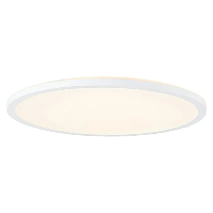 Brilliant LED-Deckenleuchte rund Tanida - 24 W, Ø x H: 42 x 2,5 cm, Weiß, Neutralweiß - Nahaufnahme einer runden LED-Deckenleuchte mit weißem Rahmen und warmweißem Licht auf schwarzem Hintergrund.