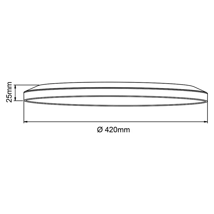 Brilliant LED-Deckenleuchte rund Tanida - 24 W, Ø x H: 42 x 2,5 cm, Weiß, Neutralweiß - Technische Zeichnung einer runden LED-Deckenleuchte mit den Maßen 420 mm Durchmesser und 25 mm Höhe.