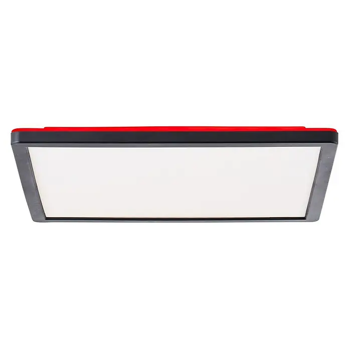 Brilliant LED-Deckenleuchte Tanida - 20 W, L x B x H: 29,5 x 29,5 x 2,6 cm, Schwarz, Kaltweiß - Nahaufnahme eines rechteckigen LED-Panels mit rotem Akzent, ideal für Studiofotografie und Videografie, das hochwertige Beleuchtungslösungen bietet.