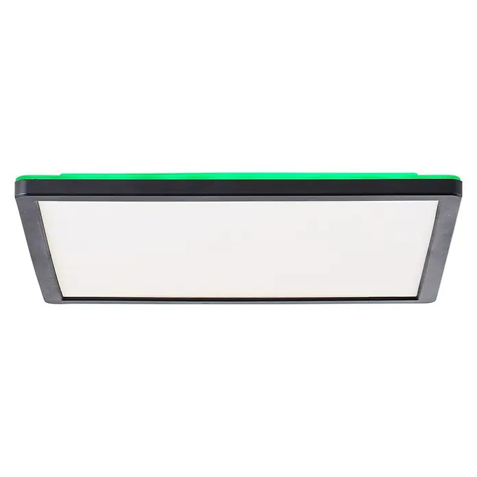 Brilliant LED-Deckenleuchte Tanida - 20 W, L x B x H: 29,5 x 29,5 x 2,6 cm, Schwarz, Kaltweiß - Nahaufnahme einer modernen, quadratischen LED-Deckenleuchte mit grünem Akzent auf schwarzem Hintergrund, die ein helles, diffuses Licht ausstrahlt.