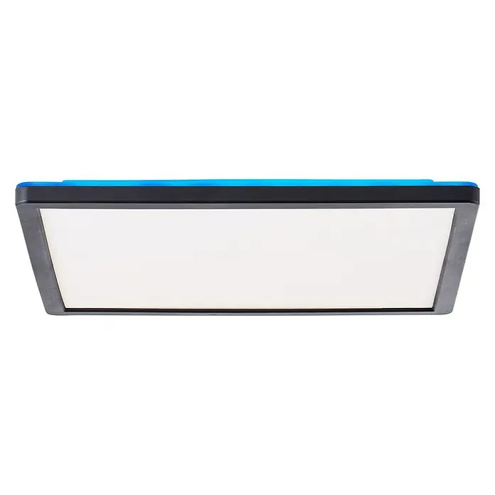 Brilliant LED-Deckenleuchte Tanida - 20 W, L x B x H: 29,5 x 29,5 x 2,6 cm, Schwarz, Kaltweiß - Nahaufnahme einer modernen LED-Deckenleuchte mit schwarzem Rahmen und blauem Akzent, ideal für stilvolle Innenräume.
