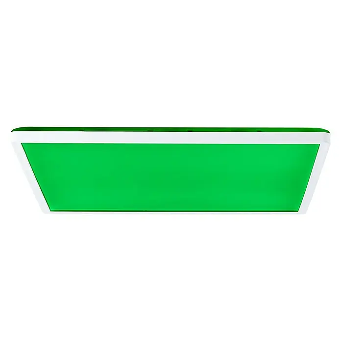 Brilliant LED-Deckenleuchte Tanida - 23 W, L x B x H: 42 x 42 x 2,6 cm, Weiß, RGBW, Eckig - Eine rechteckige, grüne, leuchtende LED-Deckenleuchte mit weißem Rahmen vor schwarzem Hintergrund.