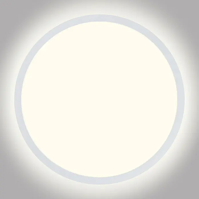 Brilliant LED-Deckenleuchte rund Tanida - 24 W, Ø x H: 42 x 2,5 cm, Weiß, Neutralweiß - Nahaufnahme einer runden, weißen LED-Deckenleuchte, die helles, diffuses Licht ausstrahlt und eine moderne Ästhetik vermittelt.