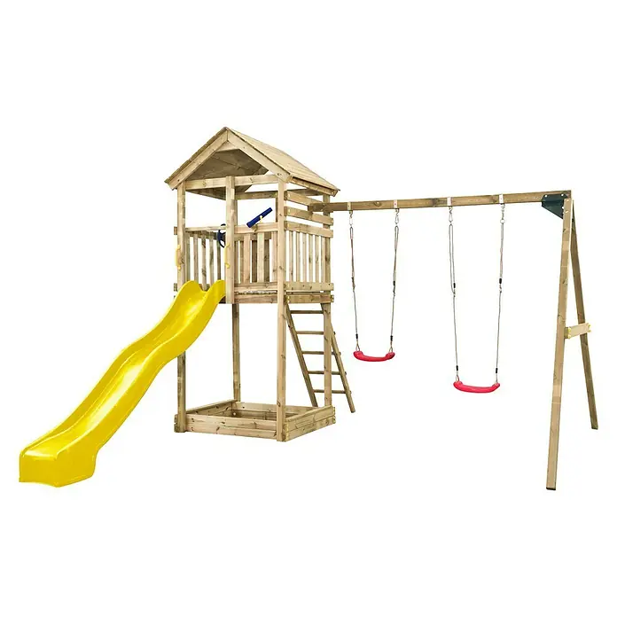 Swing King Kinderspielturm Daan - Holz/ Gelb - Holzspielturm mit Rutsche und Schaukel für Kinder zum Klettern und Spielen im Freien.