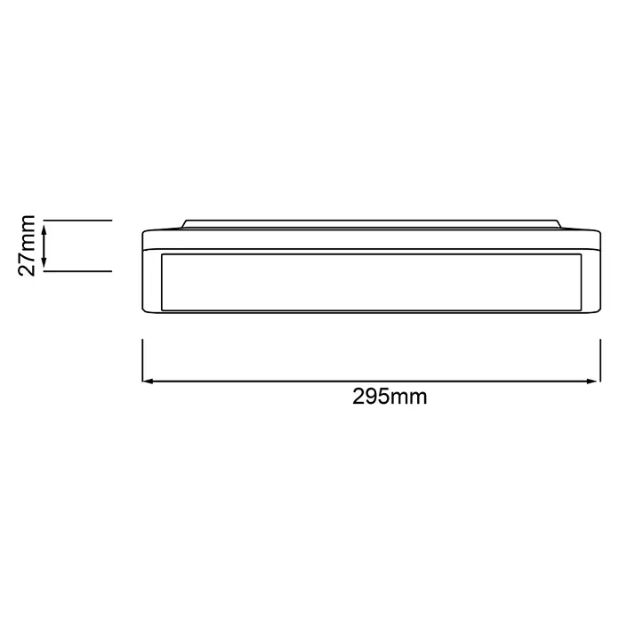 Brilliant LED-Deckenleuchte Tanida - 20 W, L x B x H: 29,5 x 29,5 x 2,6 cm, Schwarz, Kaltweiß - Skizze einer LED-Deckenleuchte mit den Maßen 295 mm Länge und 27 mm Höhe zur Visualisierung der Produktabmessungen.