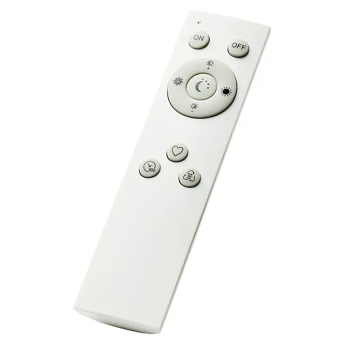Brilliant LED-Deckenleuchte rund Tanida - 24 W, Ø x H: 42 x 2,5 cm, Weiß, Neutralweiß - Nahaufnahme einer weißen Fernbedienung mit verschiedenen Knöpfen für Licht- und Timerfunktionen.