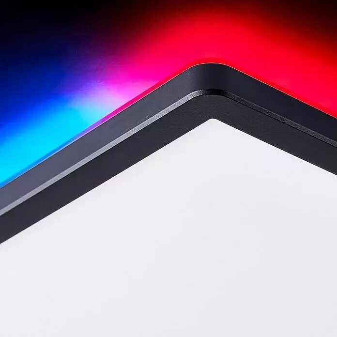 Brilliant LED-Deckenleuchte Tanida - 20 W, L x B x H: 29,5 x 29,5 x 2,6 cm, Schwarz, Kaltweiß - Schwarzes Gerät mit weißem Bildschirm und blau-rotem Farbverlauf.