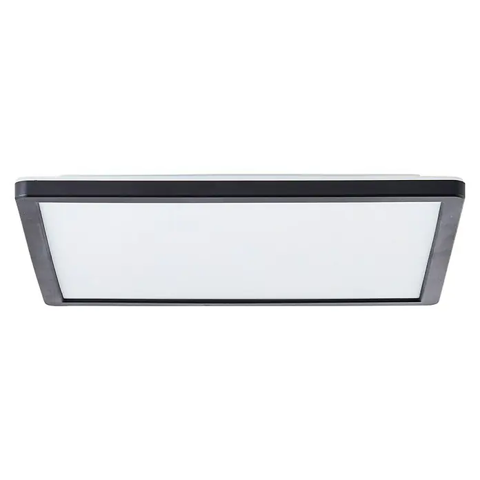 Brilliant LED-Deckenleuchte Tanida - 20 W, L x B x H: 29,5 x 29,5 x 2,6 cm, Schwarz, Kaltweiß - Nahaufnahme einer rechteckigen LED-Deckenleuchte mit schwarzem Rahmen und weißem Diffusor, die eine helle, gleichmäßige Beleuchtung bietet.