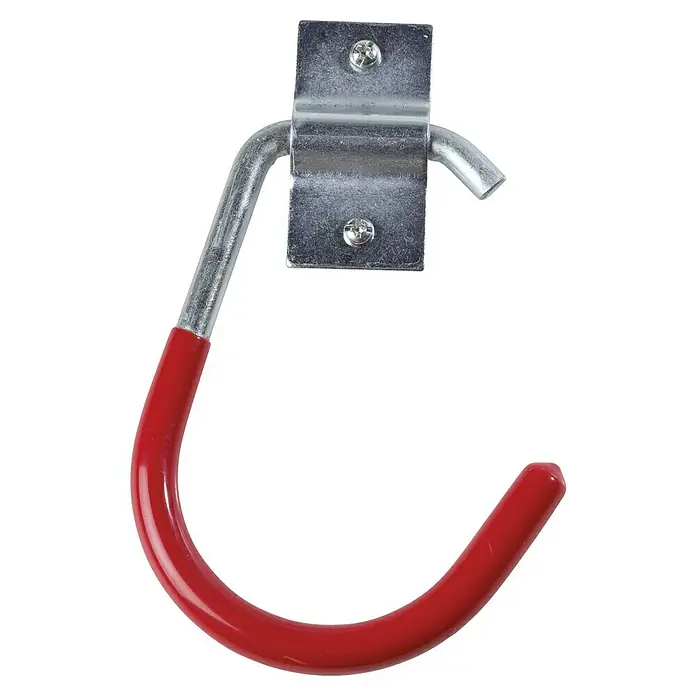 Stabilit Fahrradhaken9 x 12,5 cm, Belastbarkeit: 30 kg, Verzinkt - Ein robuster, rot ummantelter Werkzeughalter mit Metallbefestigung zur Wandmontage für Werkstatt oder Garage.