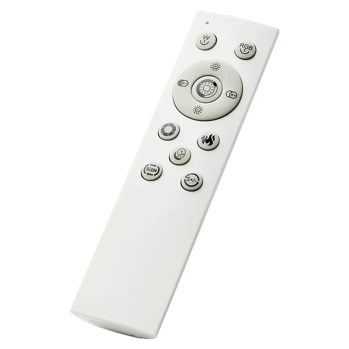 Brilliant LED-Deckenleuchte Tanida - 20 W, L x B x H: 29,5 x 29,5 x 2,6 cm, Schwarz, Kaltweiß - Nahaufnahme einer weißen Fernbedienung mit verschiedenen Tasten zur Steuerung von Beleuchtung und RGB-Farben.