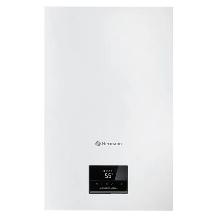 Hermann Caldera MicraCom Condens 24 - Display multifunción, 24 kW - Una caldera Hermann MicroCom Condens en blanco que muestra una temperatura de 55 grados centígrados en el panel de control.