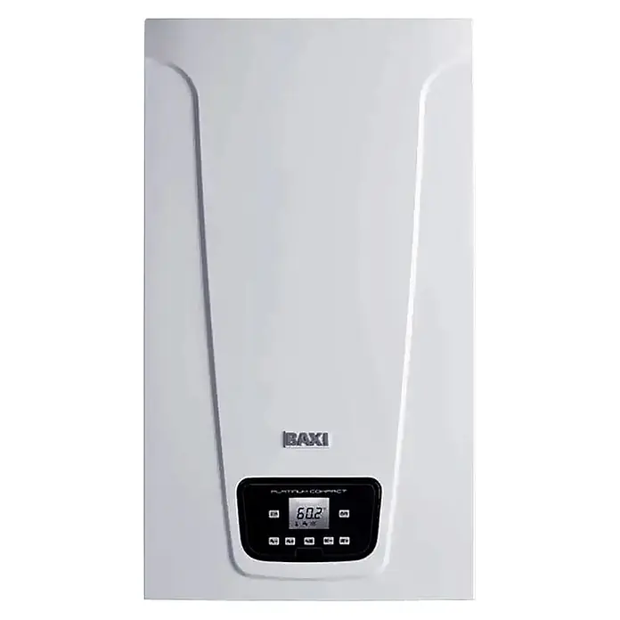 Baxi Caldera Platinum Compact Eco 30 con instalación incluida - 29 kW, 7 l, Display multifunción - Imagen de un sistema de calefacción BAXI Platinum Compact blanco que muestra su diseño elegante y controles digitales.