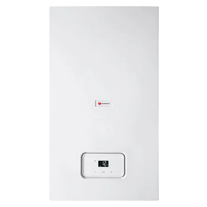 Saunier Duval Caldera Semia Condens 30-A - 30 kW, 8 l, Display multifunción - Una caldera de condensación de gas blanca y moderna de Saunier Duval, con pantalla digital y diseño minimalista para sistemas de calefacción eficientes.