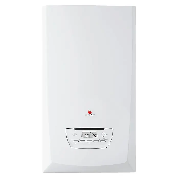 Saunier Duval Caldera Thema Condens 25-A con instalación incluida - 25,5 kW, Display multifunción - Caldera Saunier Duval. La caldera de condensación a gas con un diseño moderno ofrece un rendimiento de calefacción y agua caliente sanitaria eficientes para su hogar.