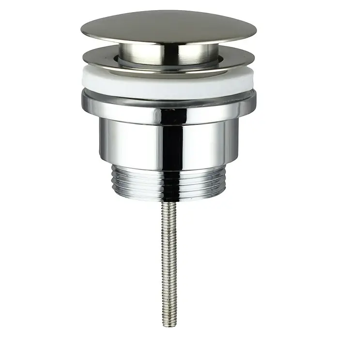 IO Válvula click clack - 1¼'', Titanio - Un tapón de lavabo cromado brillante con un cabezal redondo y un eje roscado que se extiende hacia abajo.