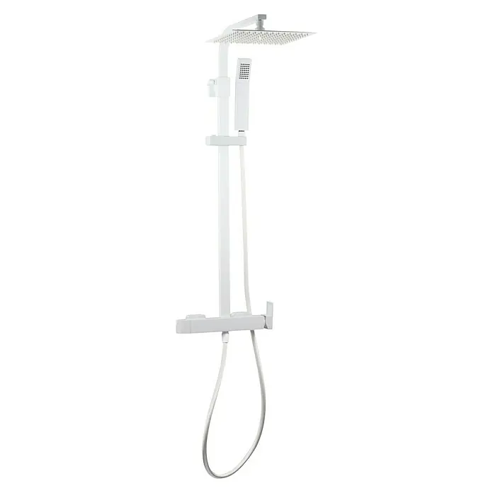 IO Inverter C Sistema de ducha - Con grifo monomando, Distancia entre orificios: 15 cm, Número de tipos de chorro: 2 ud., Blanco - Imagen de un sistema de ducha blanco con ducha de cabeza y ducha de mano cuadrada. Su diseño ofrece una experiencia moderna y confortable.