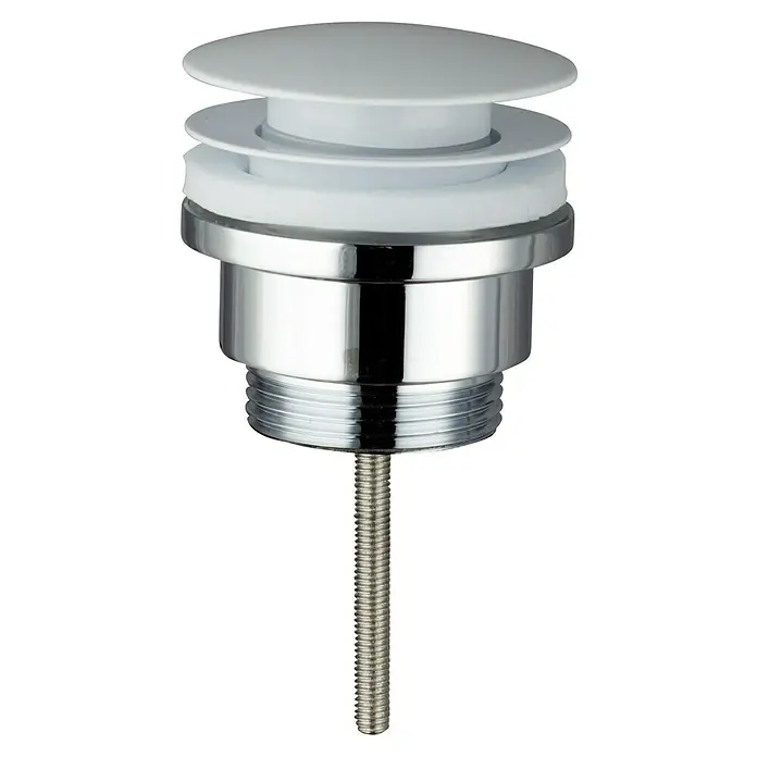 IO Válvula click clack - 1¼'', Blanco - Aquí hay un primer plano de un tapón de drenaje de fregadero con un acabado cromado brillante, combinado con detalles blancos.