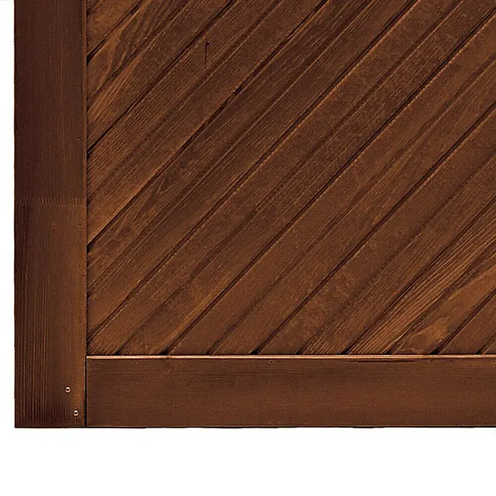 Andrewex Sichtschutzelement Toulon - 90 x 135/180 cm, Braun - Nahaufnahme eines rustikalen Holzpaneels mit diagonalen Brettern und einem stabilen Rahmen, ideal für Möbel oder Wandverkleidungen.