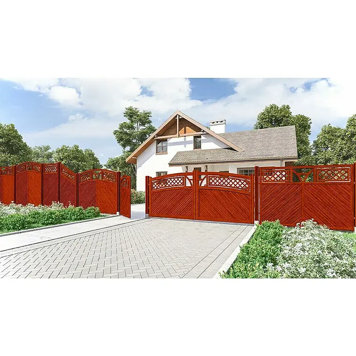 Andrewex Sichtschutzelement Toulon - 180 x 180/195 cm, Teak - Einfahrtstor aus Holz vor einem Haus. Das braune Tor hat ein dekoratives Gittermuster und passt zum Holzzaun.