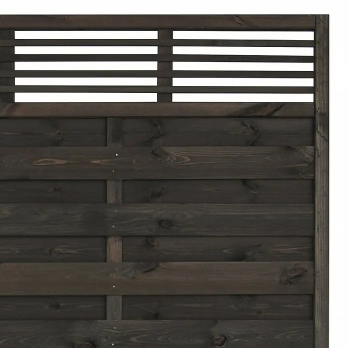 Andrewex Sichtschutzelement Wien - B x H: 90 x 180 cm, Anthrazit - Nahaufnahme eines modernen, dunkelbraunen Holzzauns mit horizontalen Lamellen im oberen Bereich für Privatsphäre und Design.