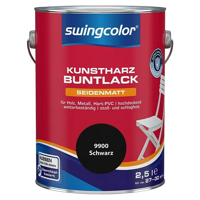 swingcolor Buntlack Kunstharz für Außen - Schwarz, Seidenmatt, 2,5 l, Lösemittelbasiert - Bild einer Dose Swingcolor Kunstharz-Buntlack Seidenmatt 9900 Schwarz für Holz, Metall, Hart-PVC, wetterbeständig und stoßfest.