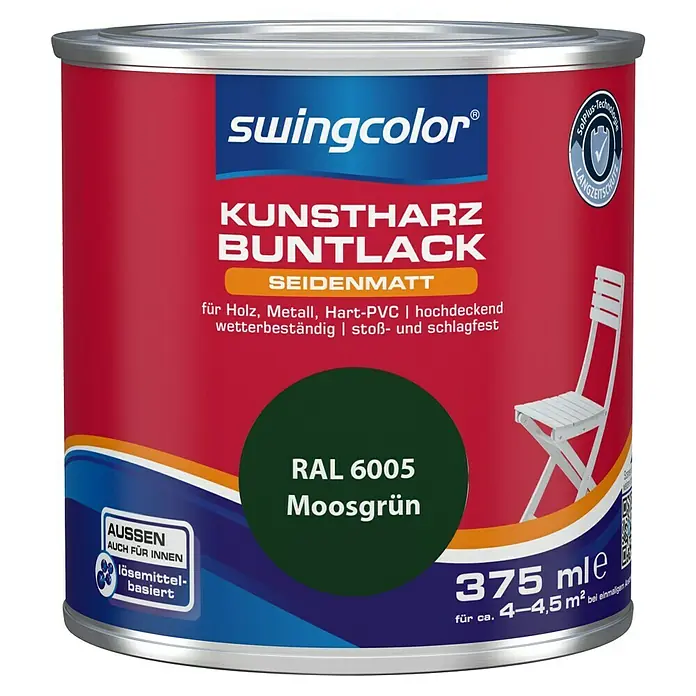 swingcolor Buntlack Kunstharz für Außen - Moosgrün, Seidenmatt, 375 ml, Lösemittelbasiert - Dose Kunstharz-Buntlack "Moosgrün" von Swingcolor. Für Holz, Metall & Hart-PVC. Wetterbeständig und stoßfest. Ideal für Innen- & Außenbereiche.
