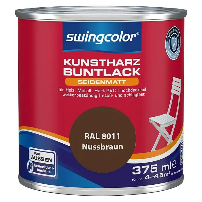 swingcolor Buntlack Kunstharz für Außen - Nussbraun, Seidenmatt, 375 ml, Lösemittelbasiert - Farbdose Swingcolor Kunstharz Buntlack Seidenmatt, Farbton Nussbraun RAL 8011, für Aussen, lösemittelbasiert, Inhalt 375 ml.